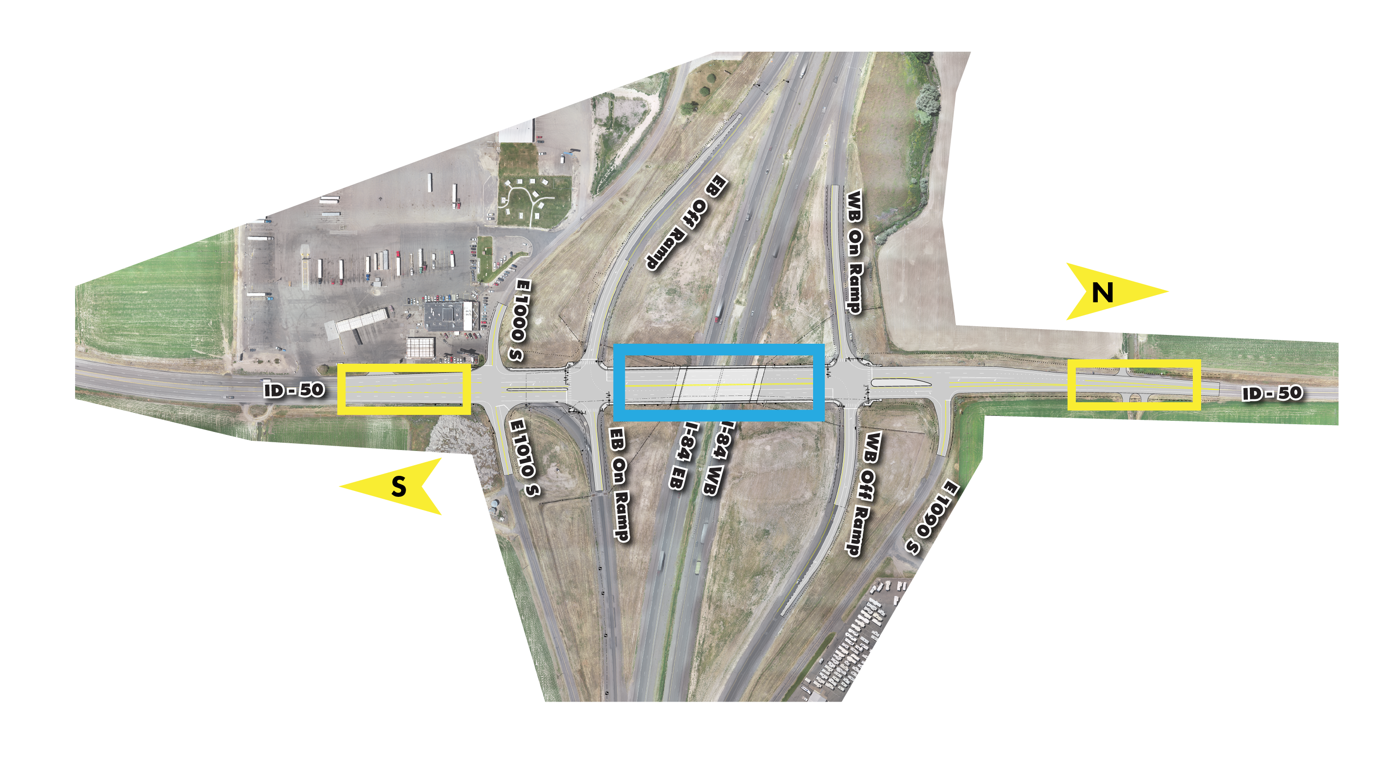Birds-eye-view drawing of the interchange preferred Triaditional Diamond design.